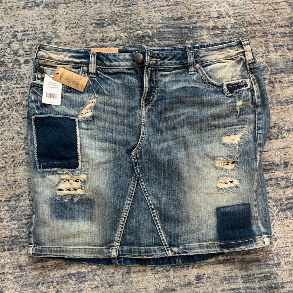 NWT Silver/Long Tall Sally Denim Distressed Mini/Pencil Skirt, Waist 36